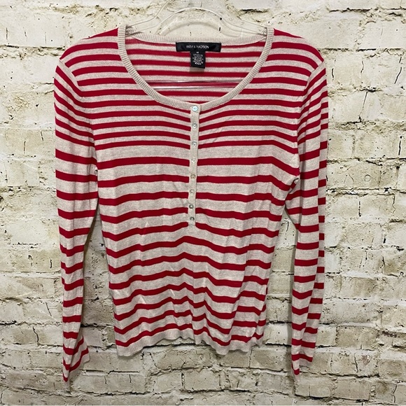 89th & Madison Red Beige Striped Long Sleeve Knit Henley Top - Picture 1 of 4